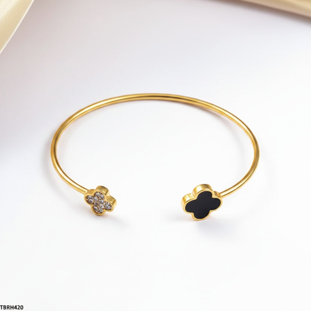 Dual Clover Open Cuff Bangle – Black Onyx & Pavé CZ
