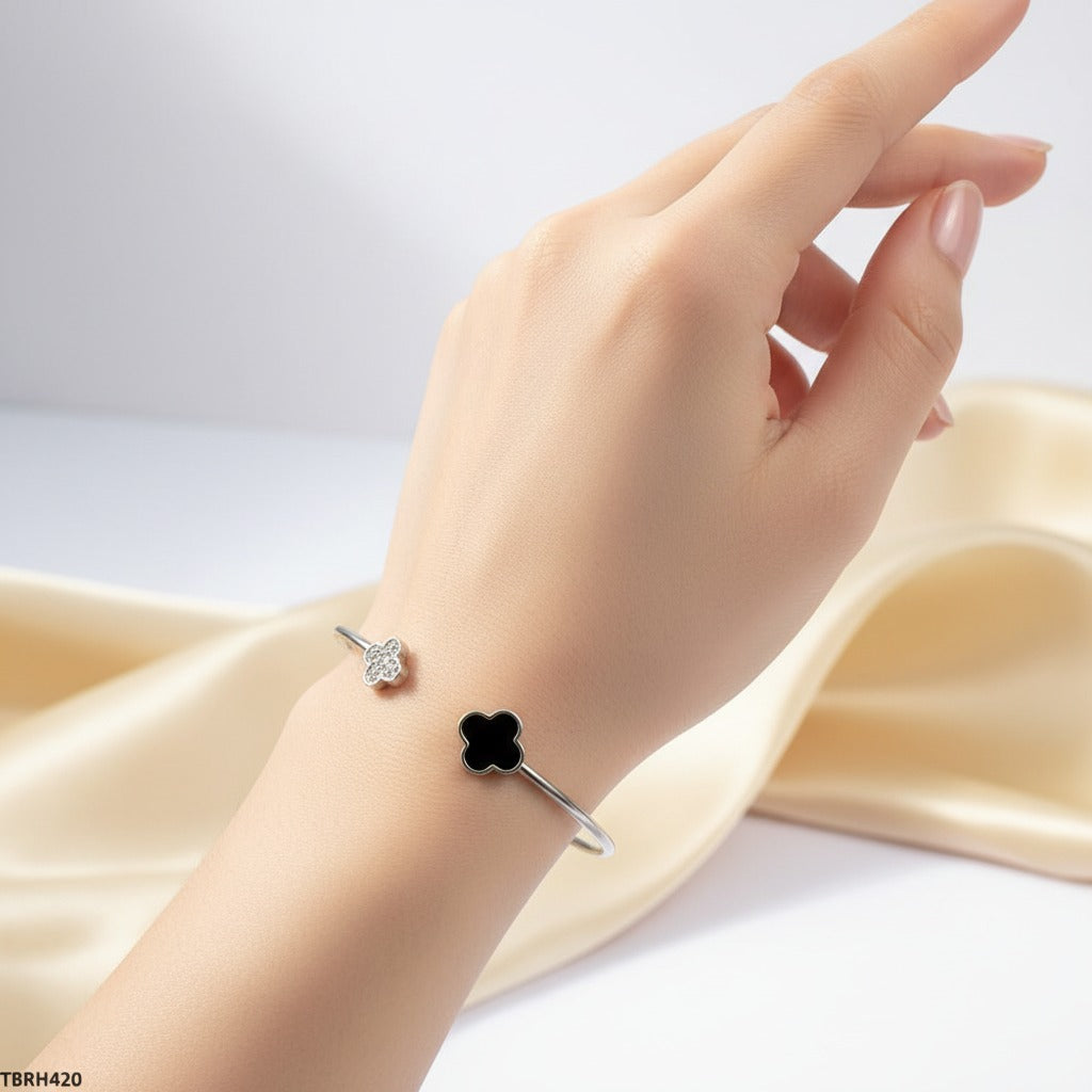 Dual Clover Open Cuff Bangle – Black Onyx & Pavé CZ