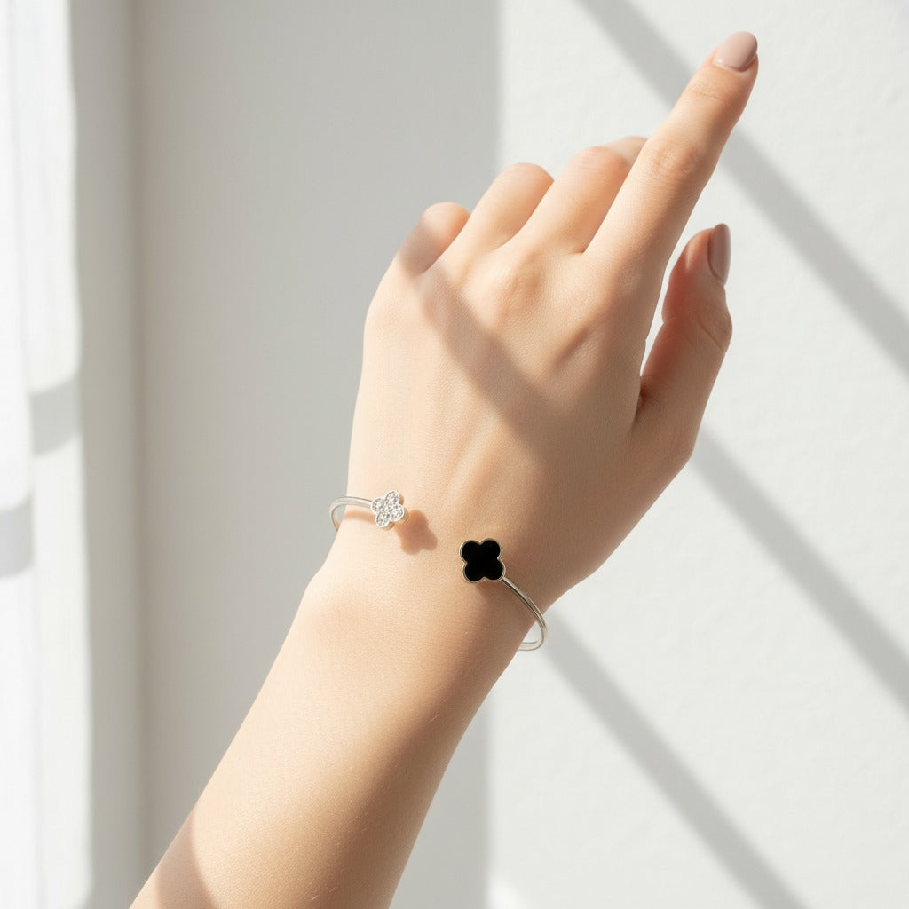Dual Clover Open Cuff Bangle – Black Onyx & Pavé CZ