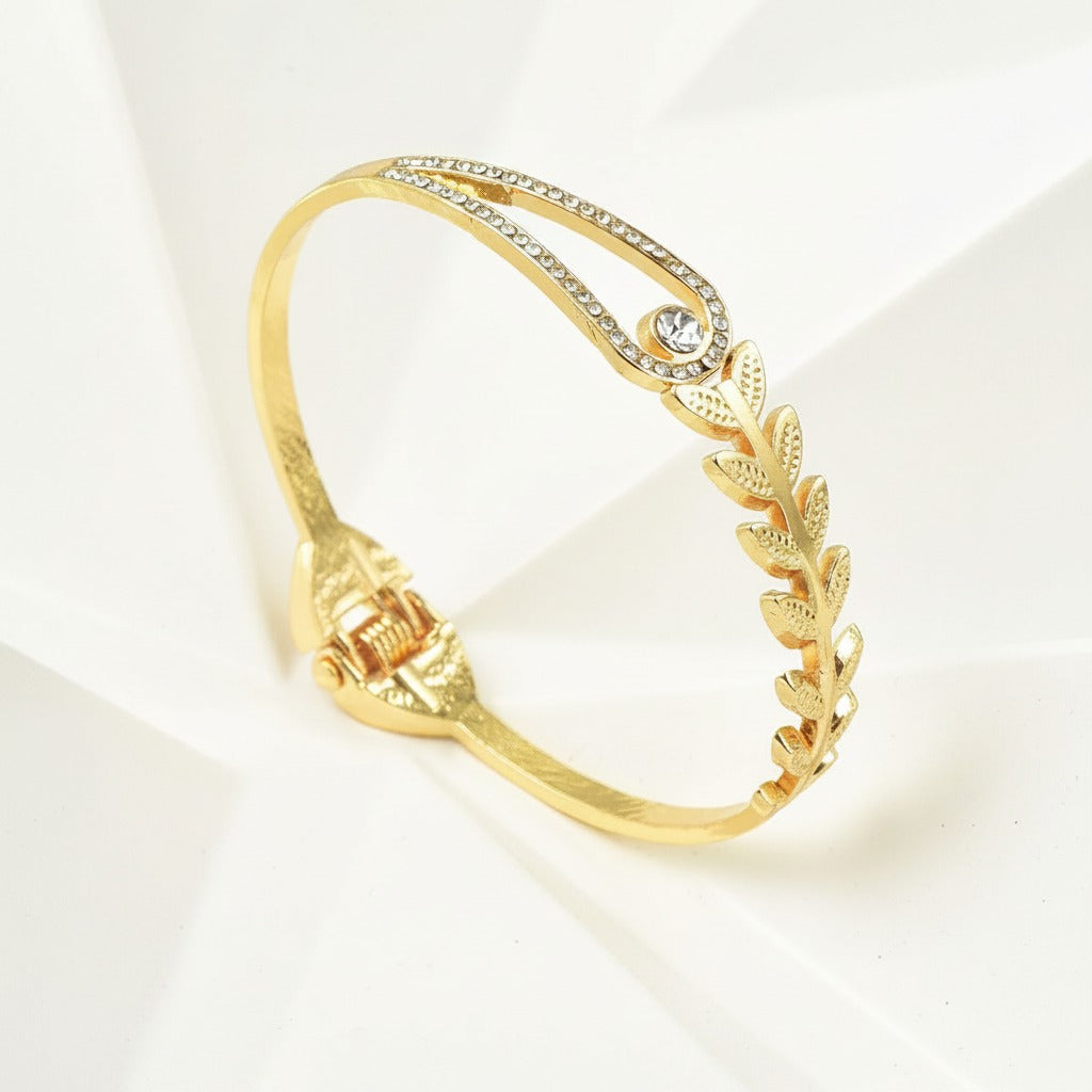 Olive Branch Wheat Leaf & CZ Teardrop Bangle – Gold & Silver