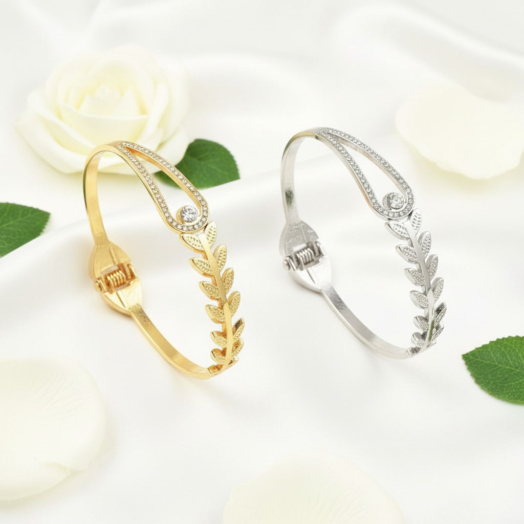Olive Branch Wheat Leaf & CZ Teardrop Bangle – Gold & Silver