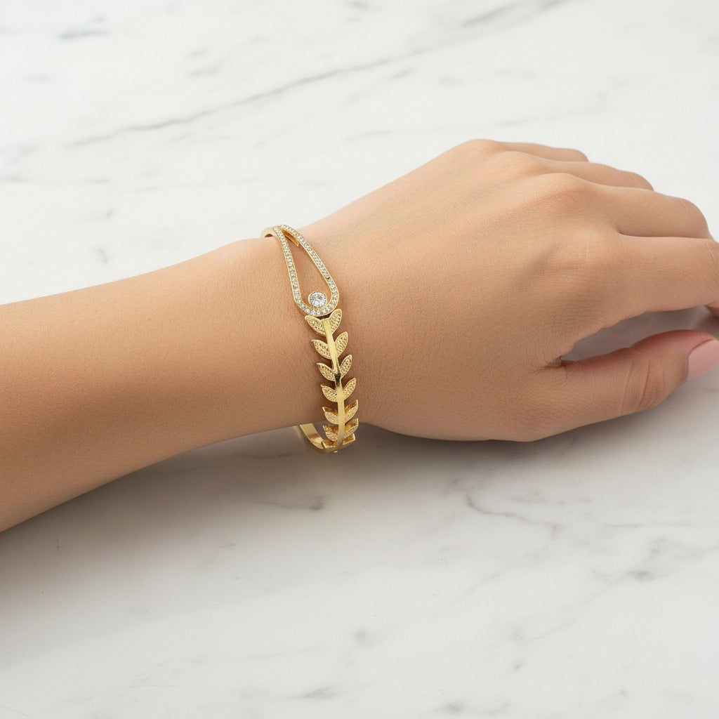 Olive Branch Wheat Leaf & CZ Teardrop Bangle – Gold & Silver