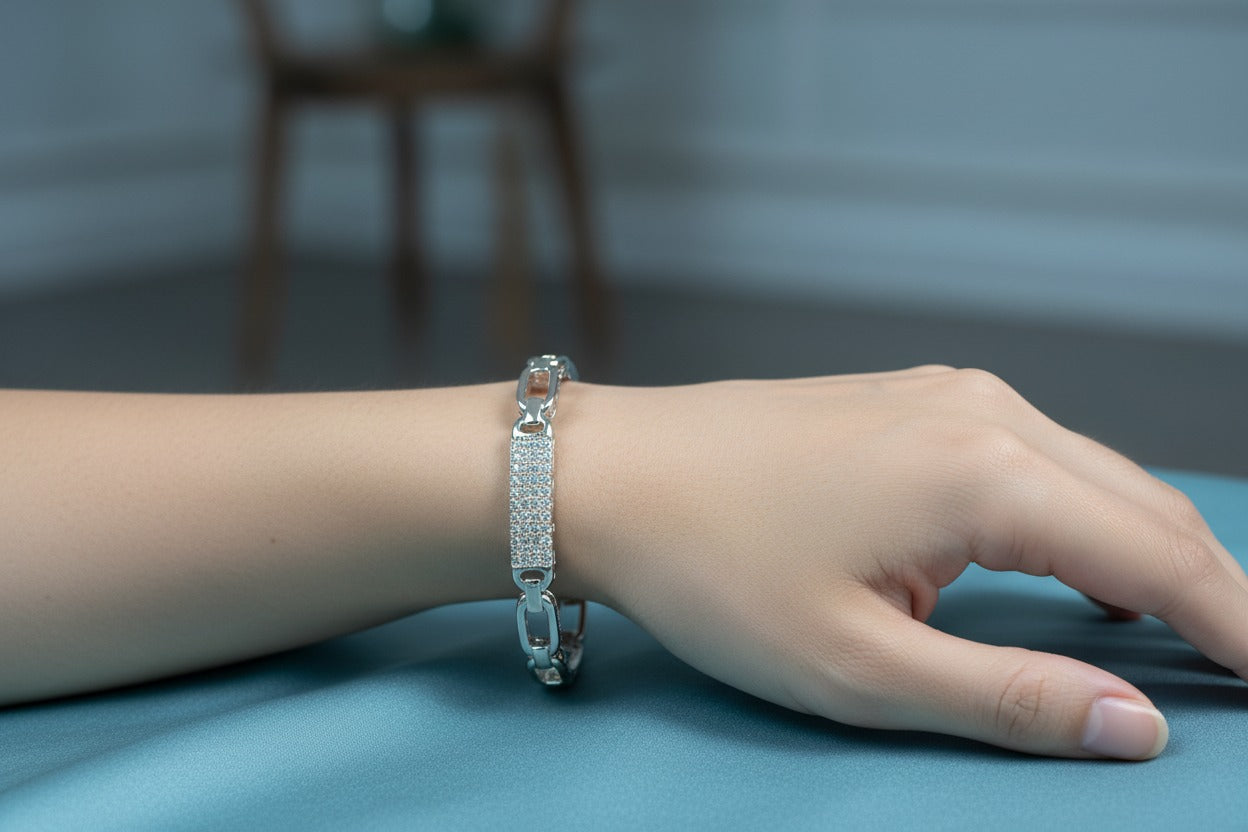 Pavé CZ Bar & Anchor Chain Link Bangle – Gold & Silver