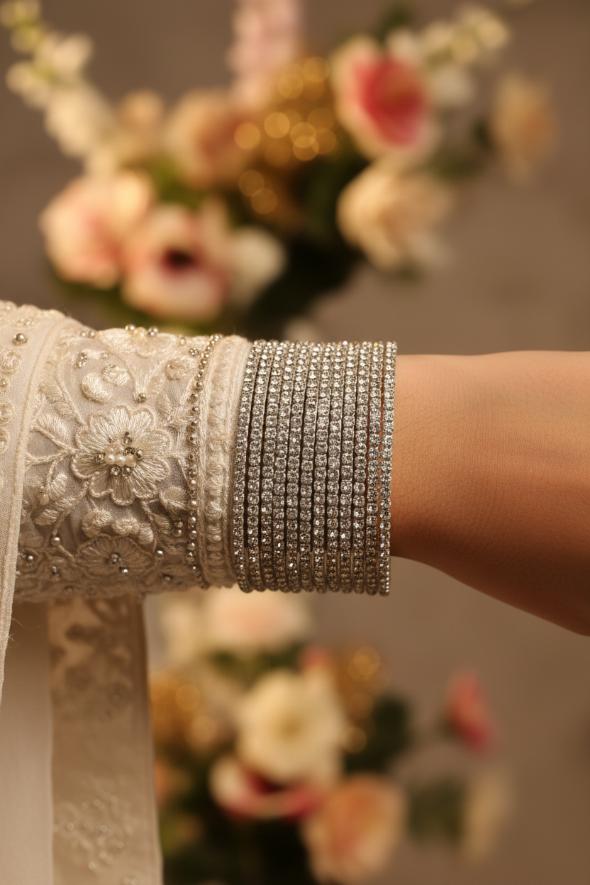 Silver crystal bangles bridal editorial shot