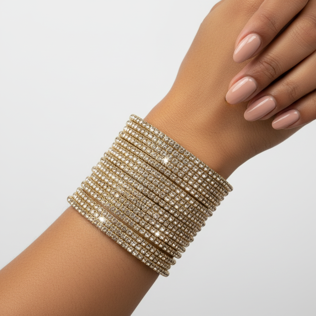 Champagne crystal bangles on model's wrist close-up