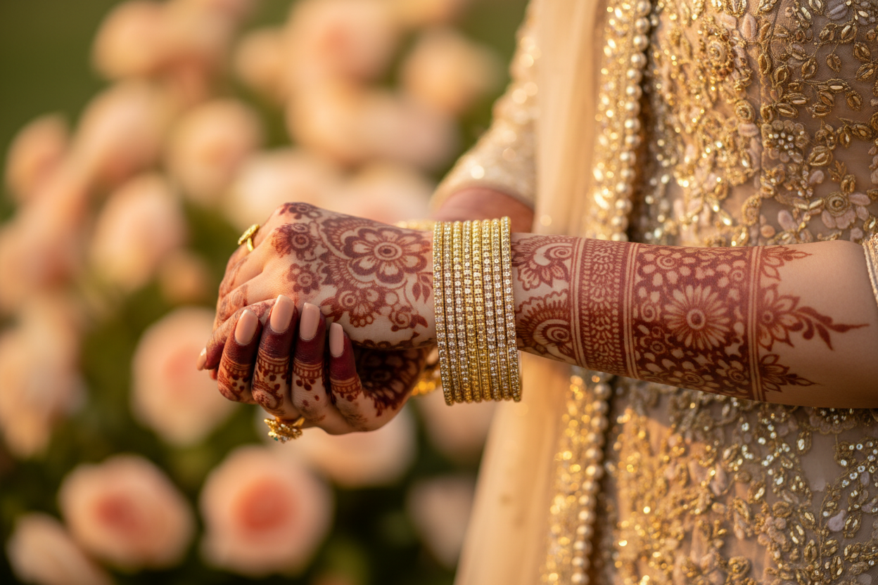 Gold diamond-cut bangles with mehndi hands