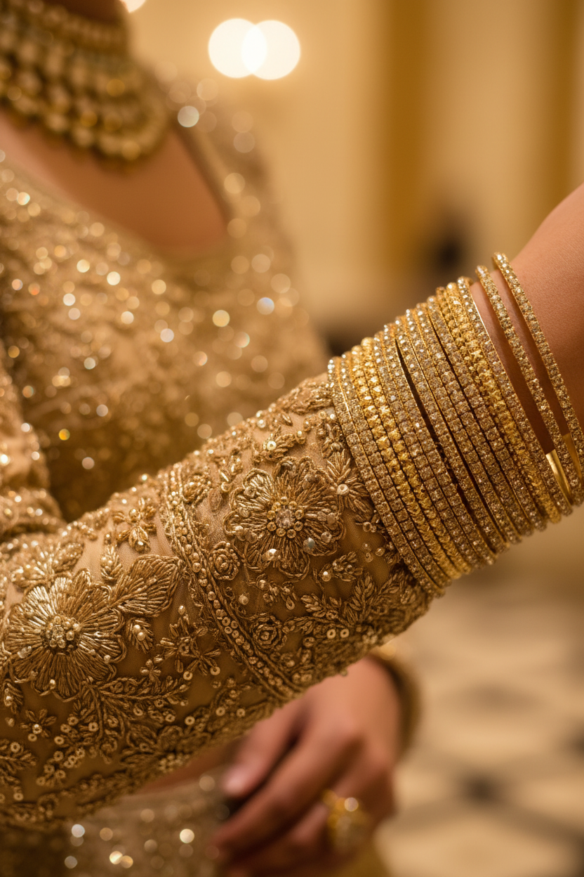 Gold diamond-cut bangles bridal editorial shot
