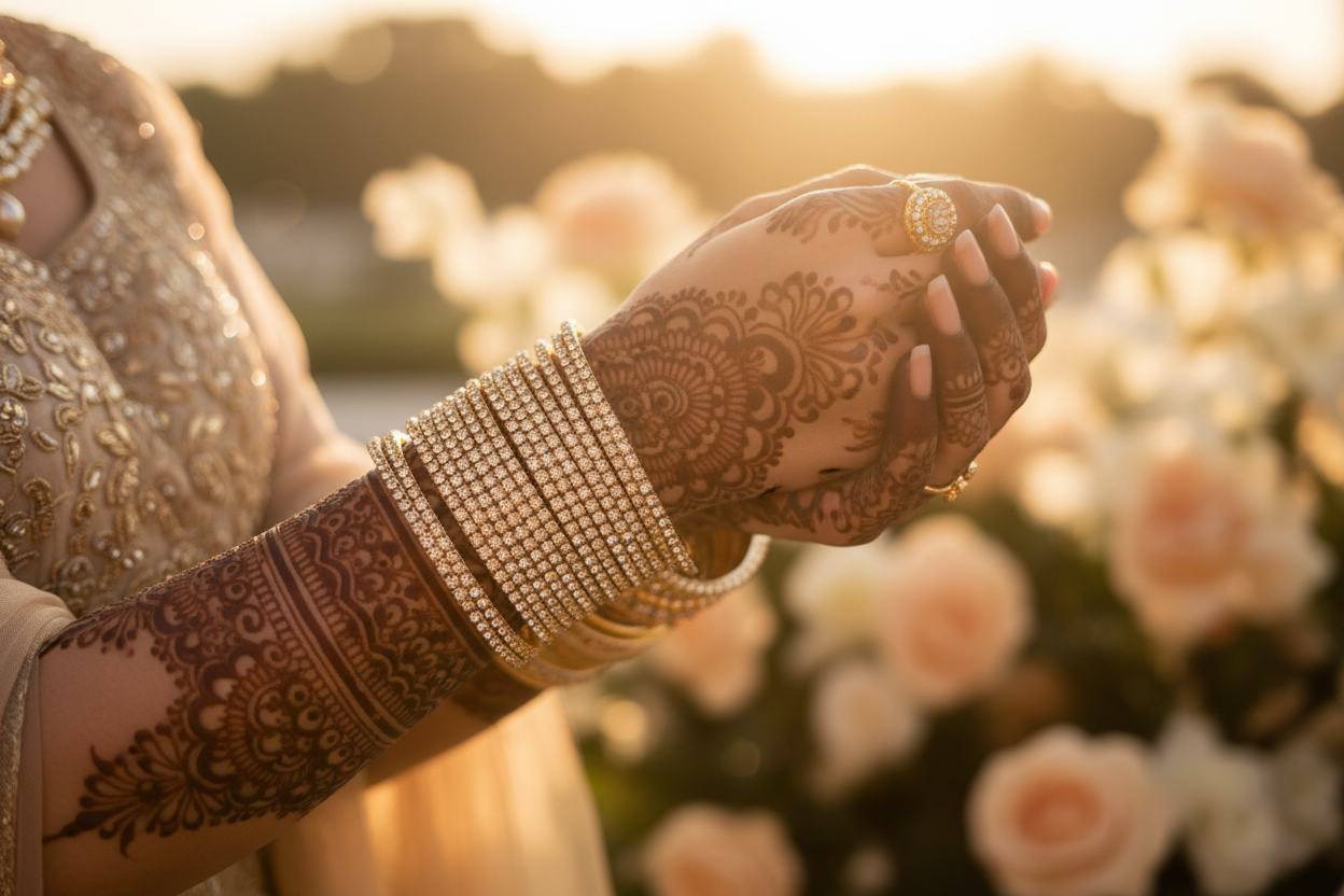 Champagne crystal bangles with mehndi hands