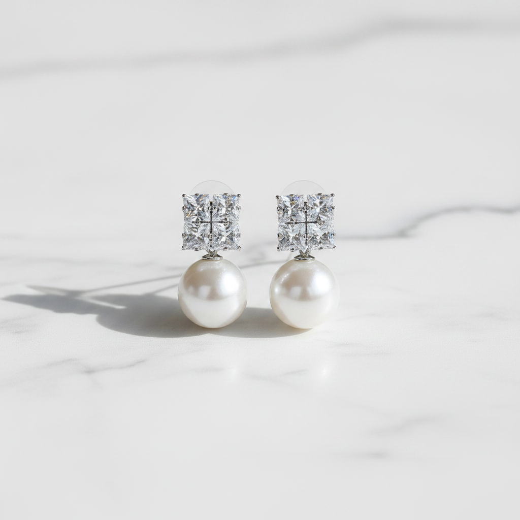 Pearl earrings with diamond-like square tops on a light background