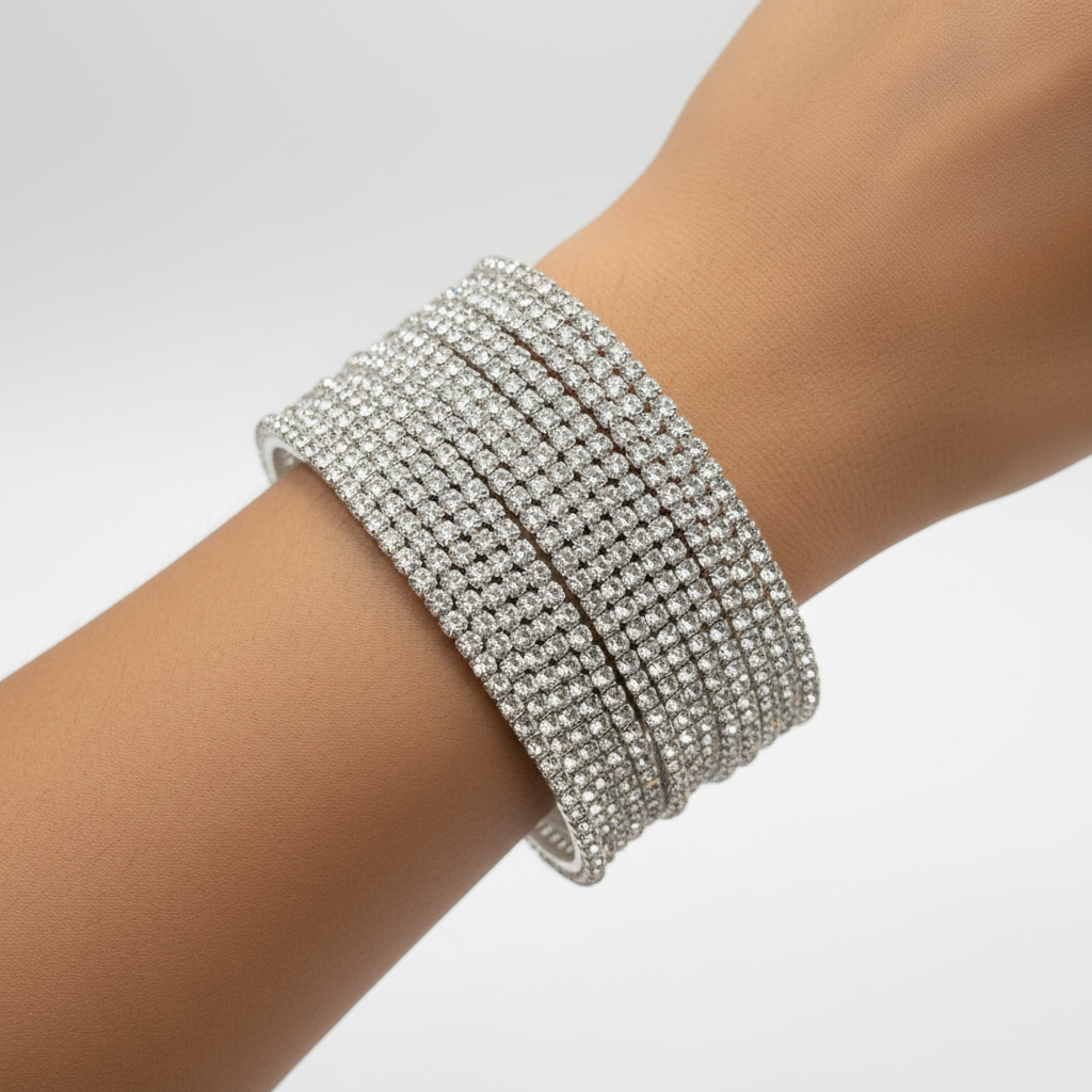 Silver Crystal Bangles — Close-up Wrist Shot